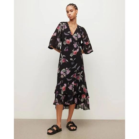 AllSaints Delana Soleil Midi Wrap Dress Women's 2 Black NWT **FLAWED** - Picture 12 of 12